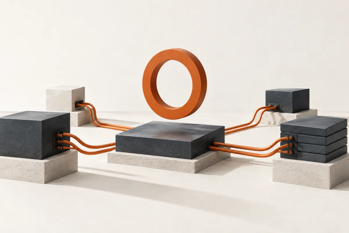 Slate network blocks joined by orange cables beneath a floating terracotta ring.
