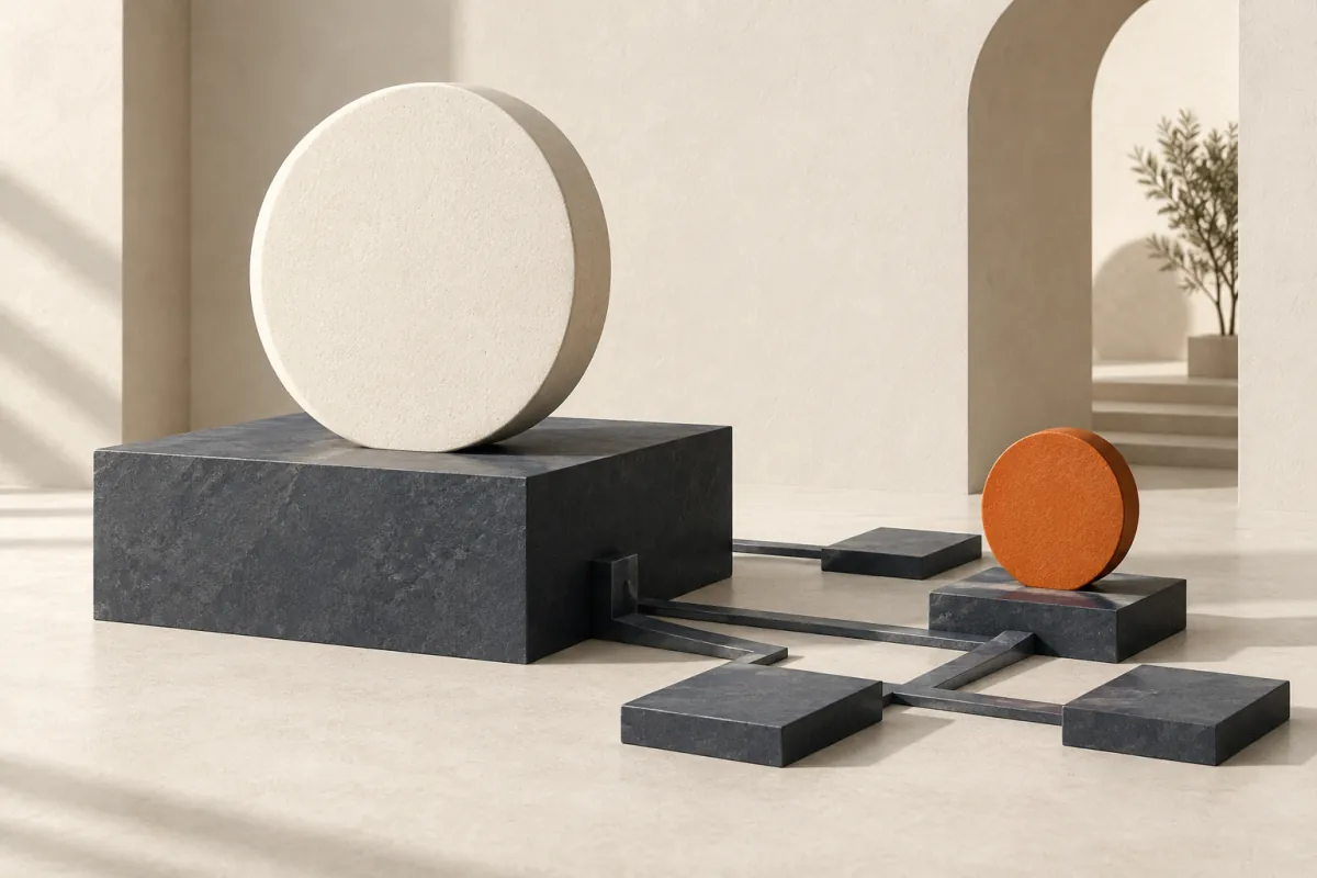 An ivory coin on a slate foundation beside an orange token supported by connected slate tiles.