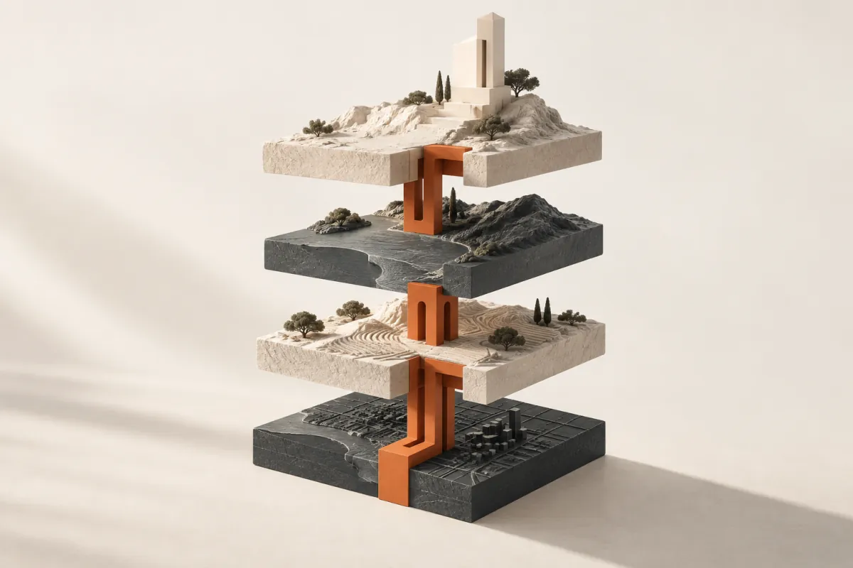Stacked ivory and slate land parcels joined by an orange structural spine beneath a miniature tower.