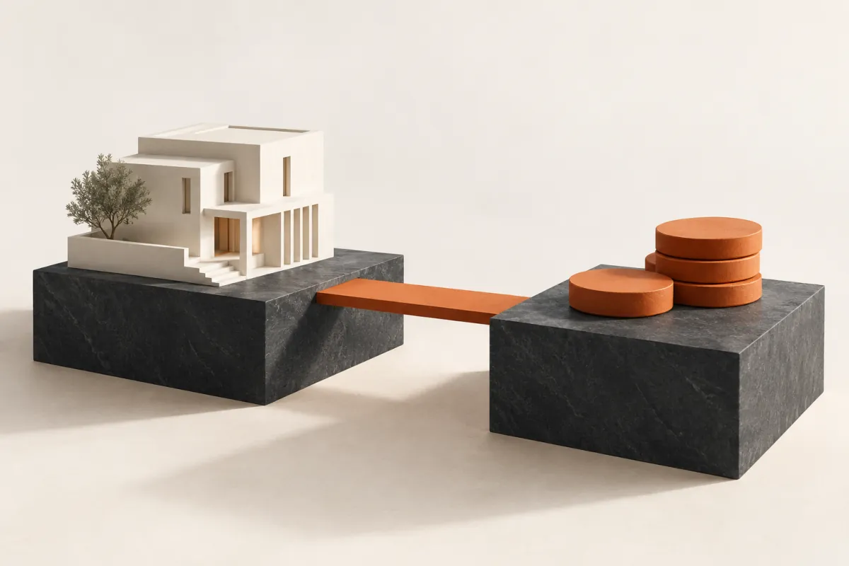 An orange bridge spans two slate platforms holding a property model and terracotta token discs.