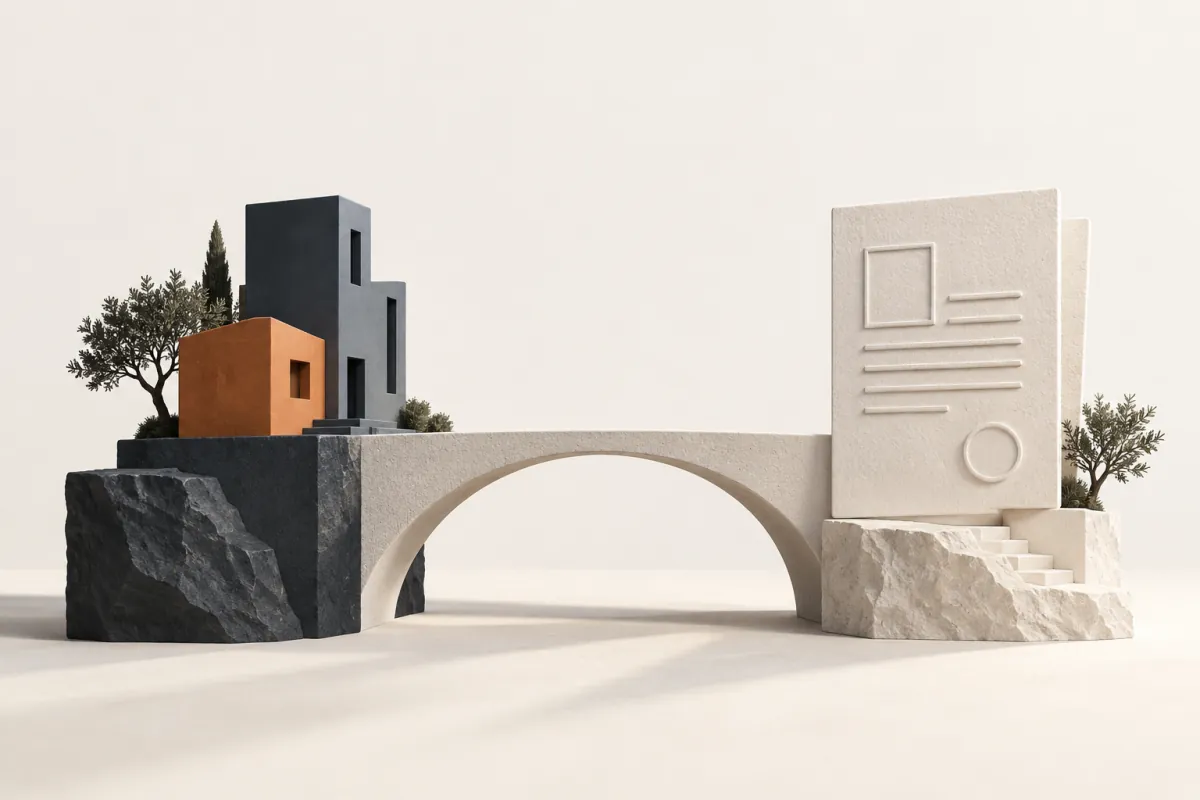 Conceptual bridge linking a slate and terracotta building with an ivory property document.