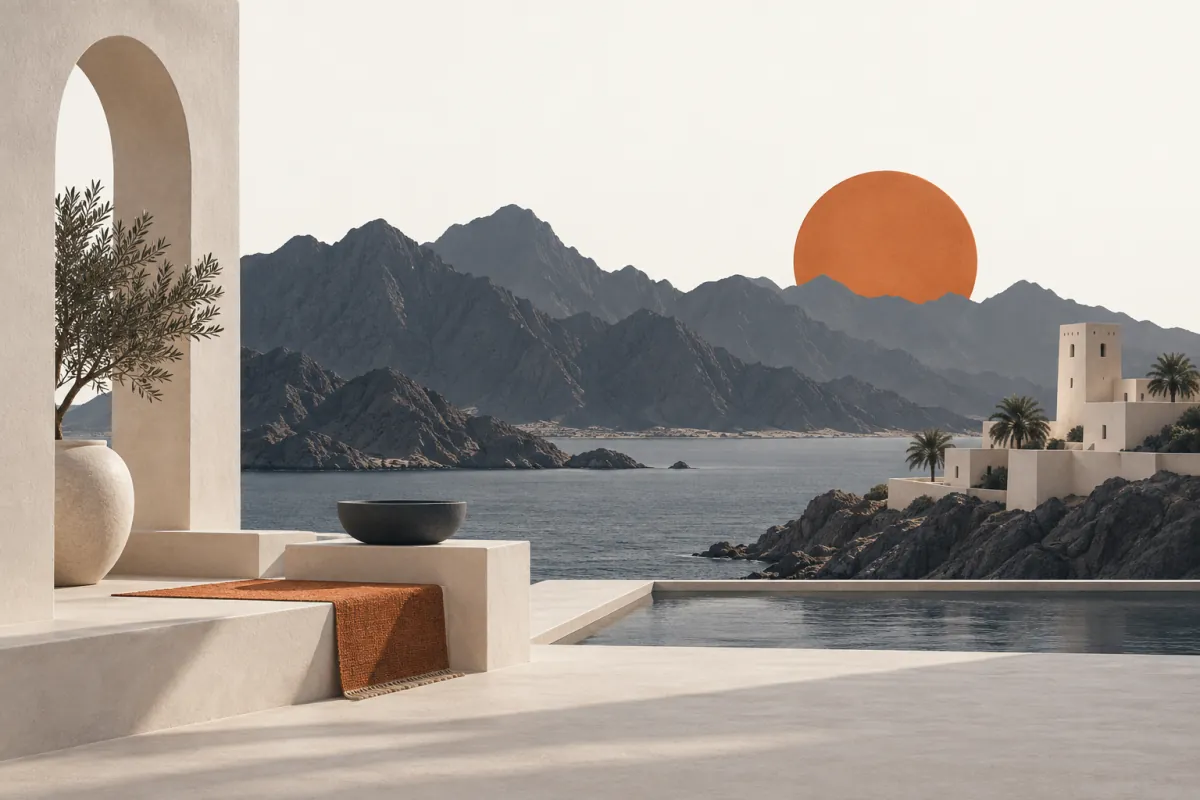 Conceptual ivory coastal terraces with slate mountain silhouettes and a terracotta sun inspired by Ras Al Khaimah.