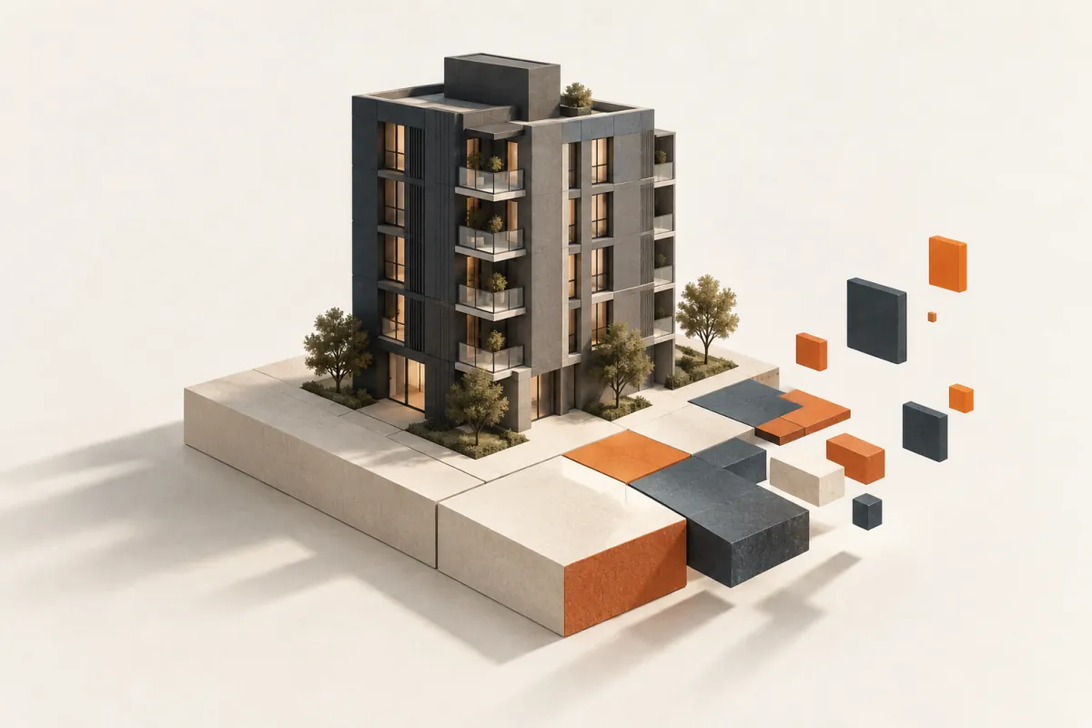 Conceptual slate building on an ivory land parcel dividing into orange and slate digital blocks.