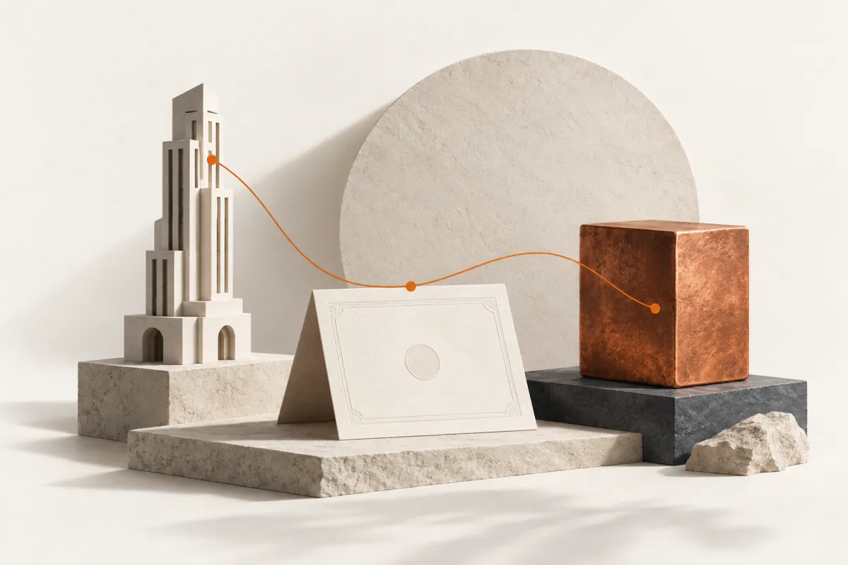 Architectural still life of an ivory tower, paper certificate and copper block connected by an orange line.