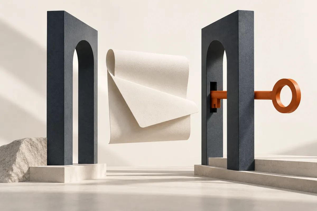 Unlettered ivory contract between slate architectural gates with an orange key.