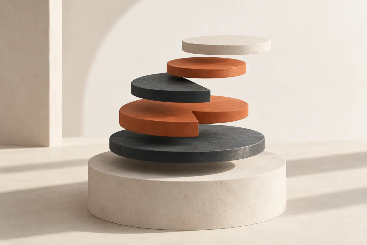 Layered slate, ivory and terracotta discs suspended above a warm ivory plinth.