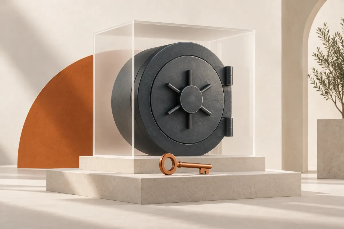 Matte slate vault and copper key protected by a clear case on an ivory platform.