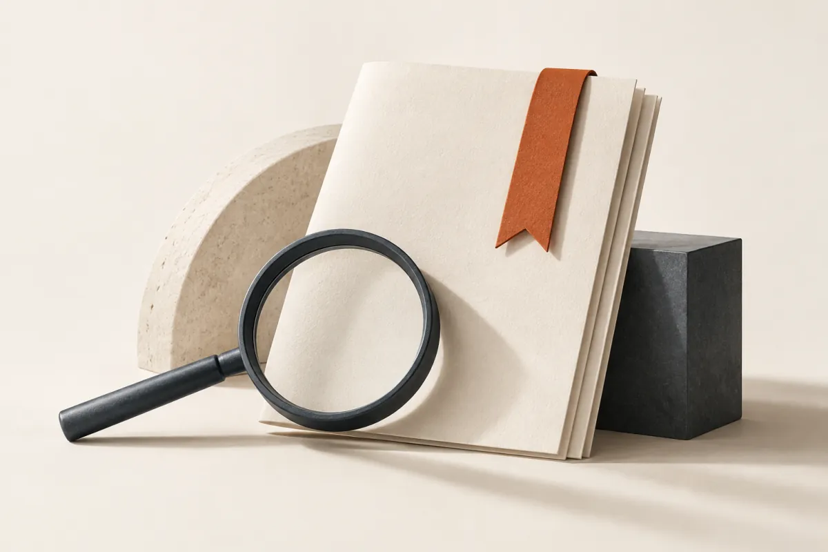 Ivory research dossier with a slate magnifying lens and terracotta bookmark.